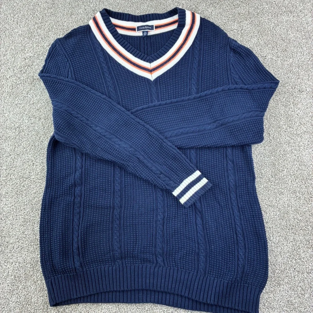 Club Room Mens L Cable Knit Cricket Sweater Navy V Neck Stripe Cotton Collegiate